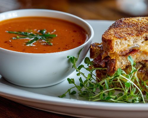 Soupe de tomate épicée, sandwich de fromage grillé